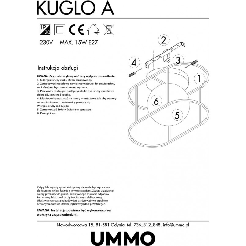 Plafon szklana kula loft Kuglo biało-czarny marki Ummo