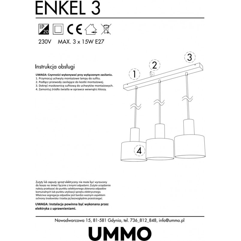 Lampa wisząca potrójna na listwie Enkel III biała marki Ummo