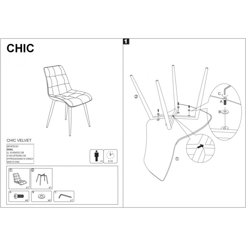 Krzesło welurowe pikowane Chic Velvet 19 czarny/chrom marki Signal